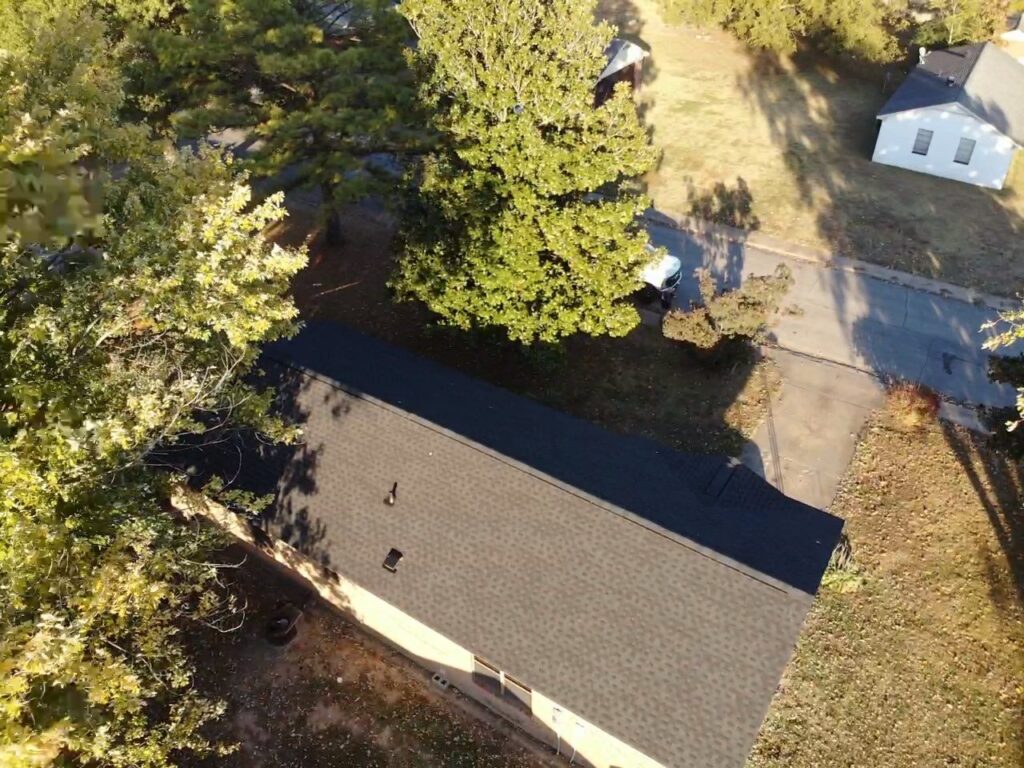 Aerial view of residential roof.